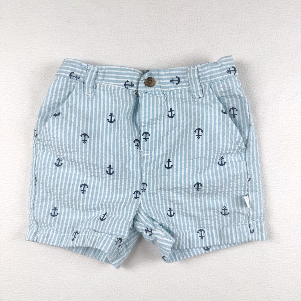 Sperry Boys Blue White Seersucker Anchor Embroidered Shorts 24M Nautical Preppy
